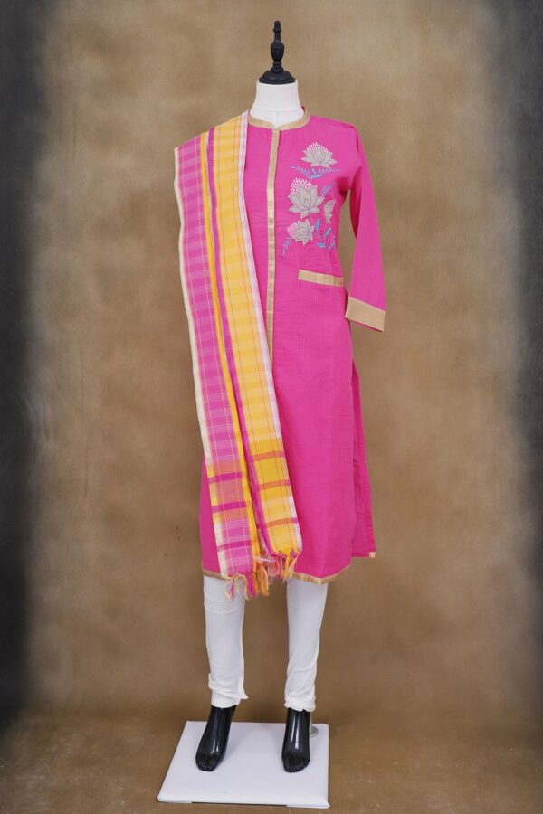 Pink floral design top with white bottom and pink and yellow shawl kurti