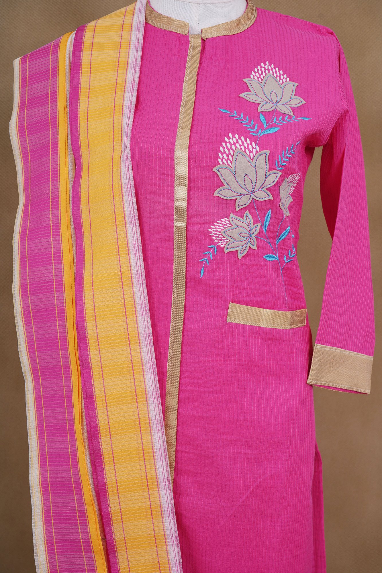 Pink floral design top with white bottom and pink and yellow shawl kurti - Image 2