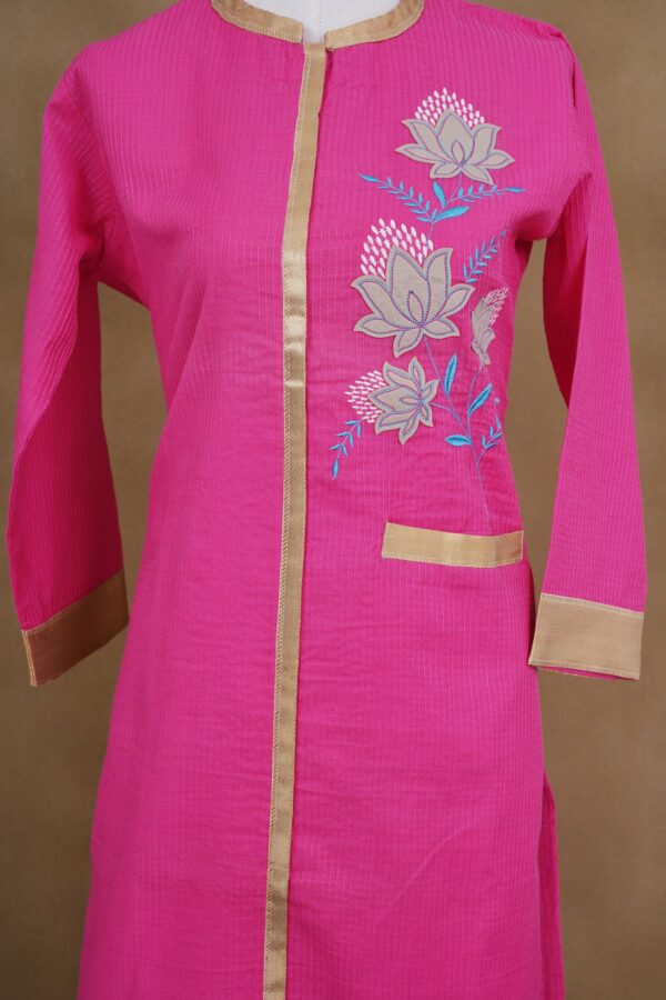 Pink floral design top with white bottom and pink and yellow shawl kurti - Image 3