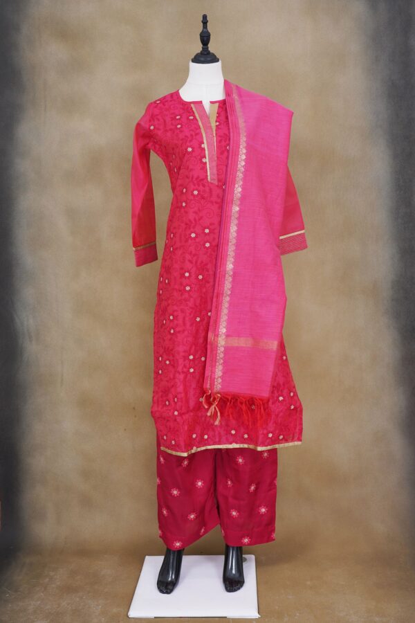 Pink design top with pink bottom and pink shawl kurti