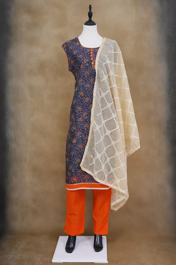 Purple floral design top with orange bottom and white shawl kurti