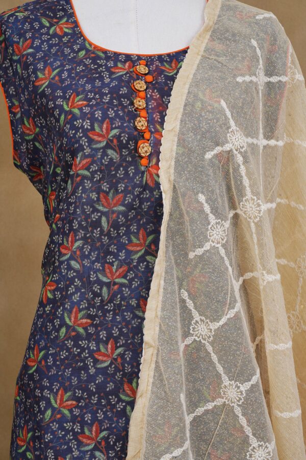 Purple floral design top with orange bottom and white shawl kurti - Image 2