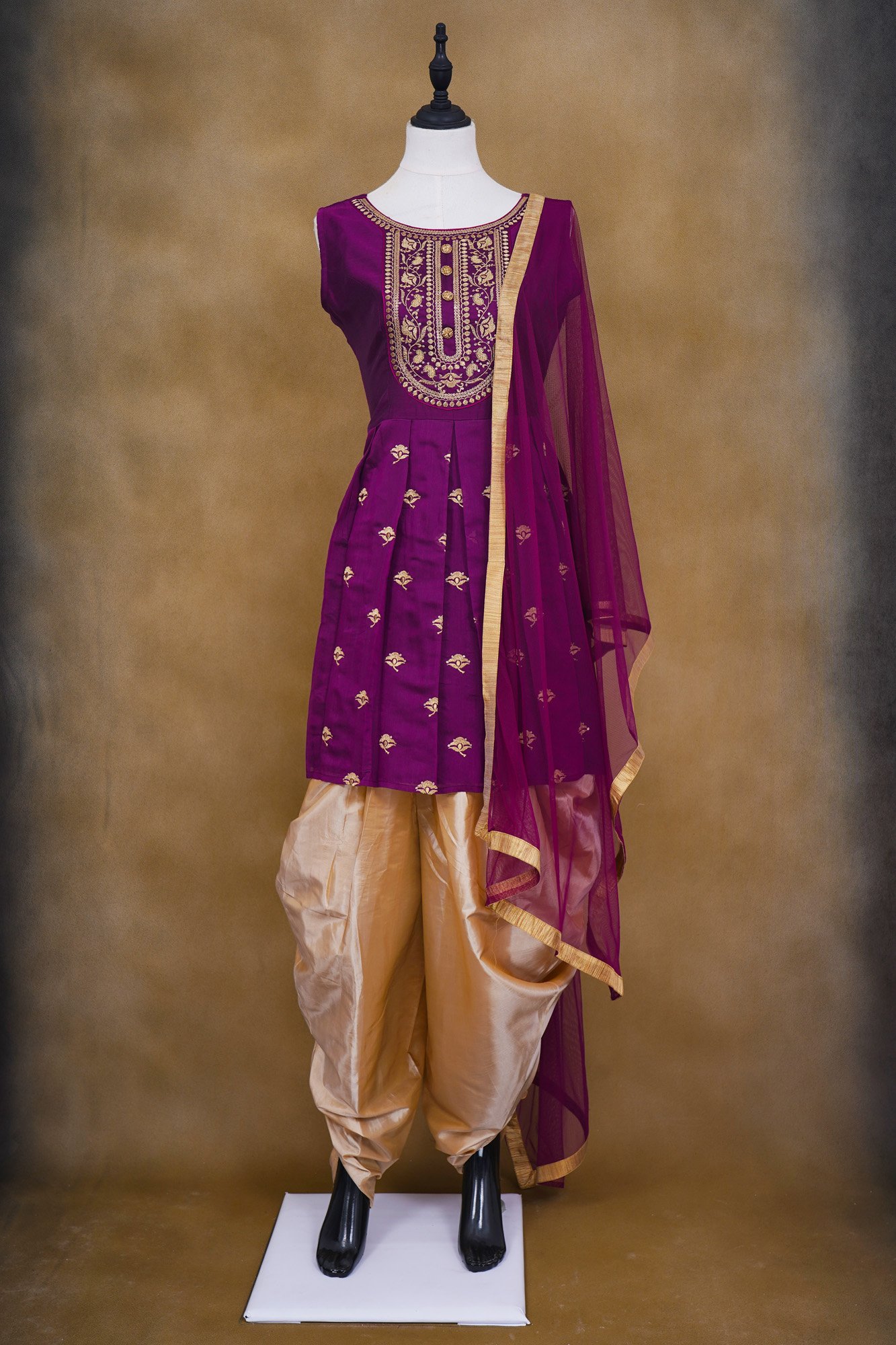 Purple top with yellow bottom and purple shawl kurti