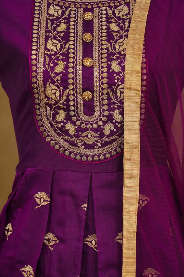Purple top with yellow bottom and purple shawl kurti - Image 3