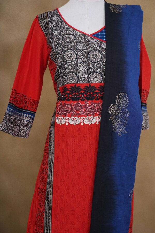 Red design top with blue bottom and blue shawl kurti - Image 2