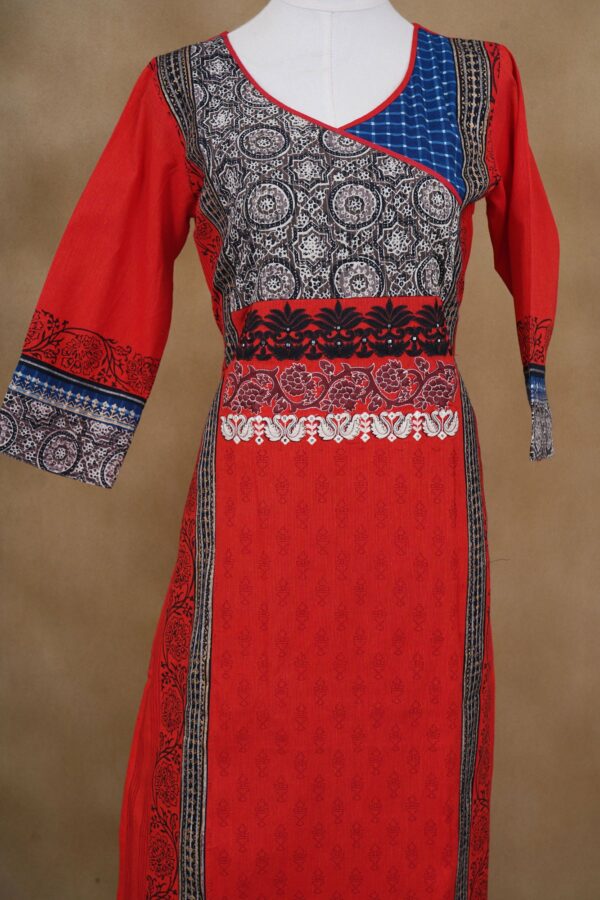 Red design top with blue bottom and blue shawl kurti - Image 3