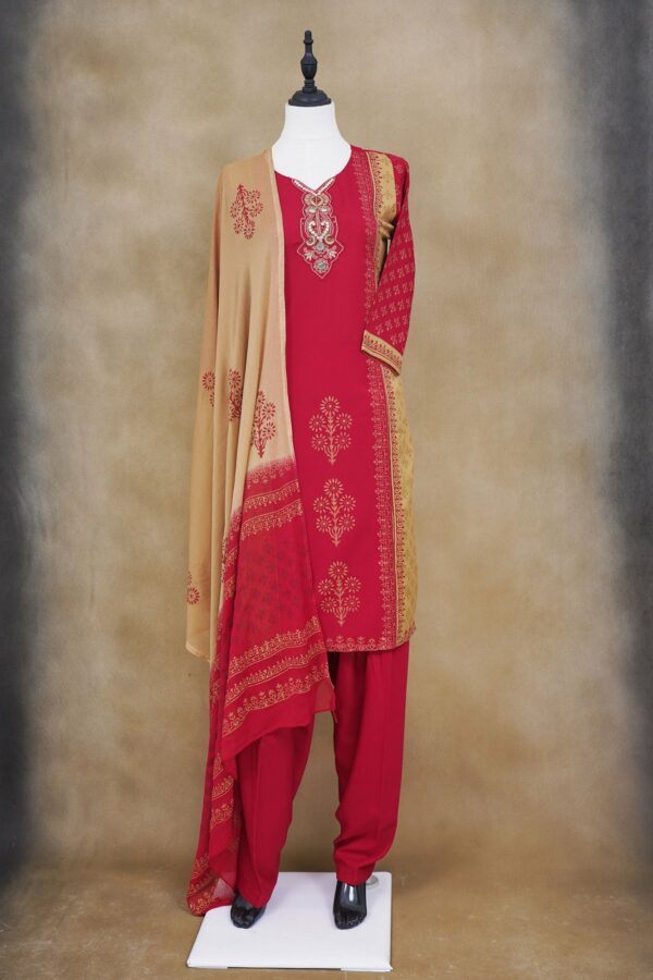Red floral design top with red bottom and beige shawl kurti
