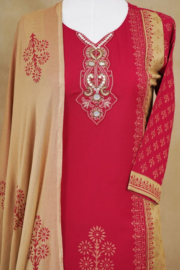 Red floral design top with red bottom and beige shawl kurti - Image 2