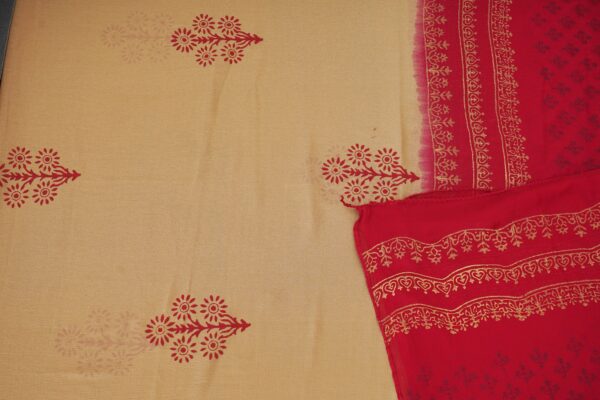 Red floral design top with red bottom and beige shawl kurti - Image 5