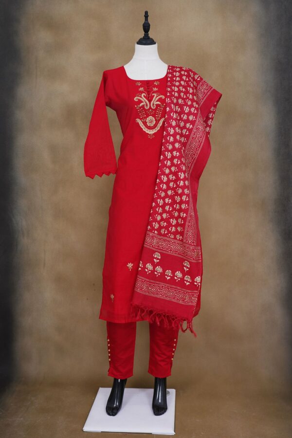 Red floral design top with red bottom and red shawl kurti