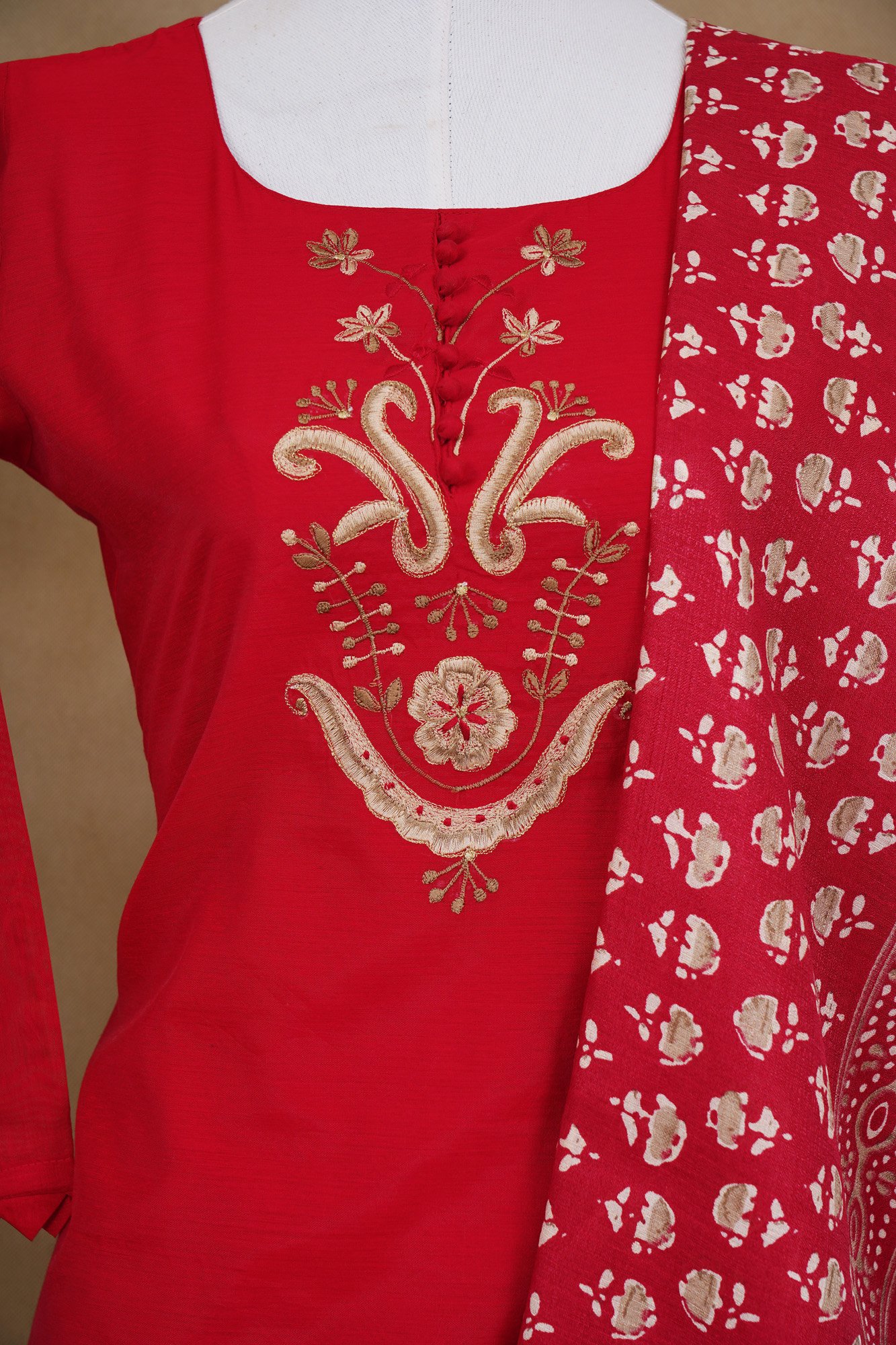 Red floral design top with red bottom and red shawl kurti - Image 2