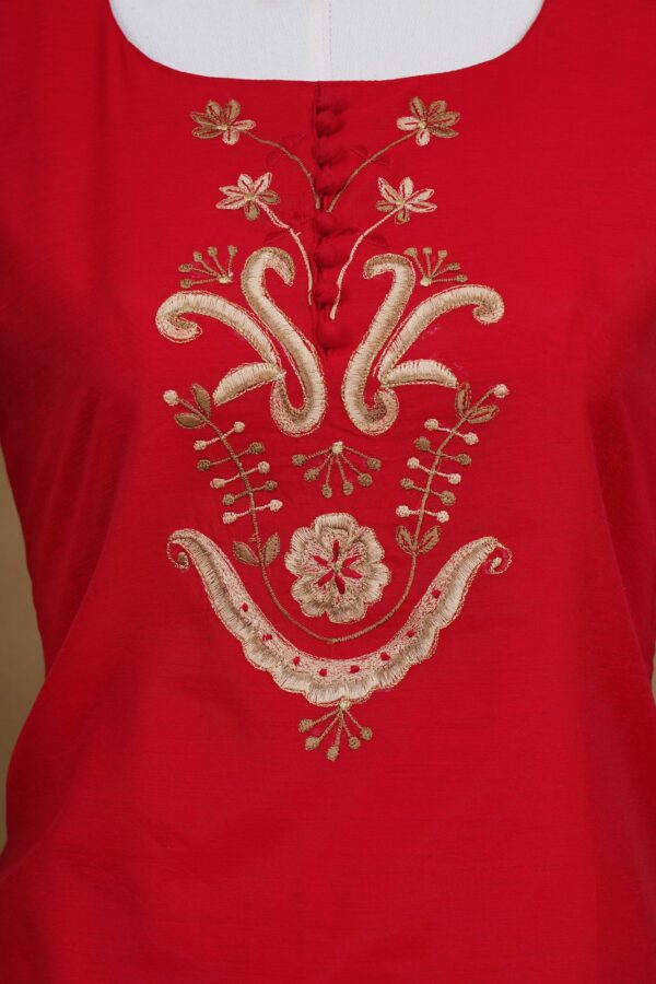 Red floral design top with red bottom and red shawl kurti - Image 3