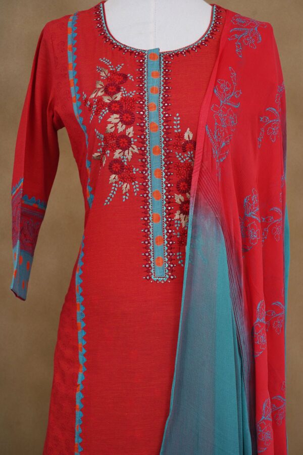 Red floral design top with turquoise blue bottom with red shawl kurti - Image 2
