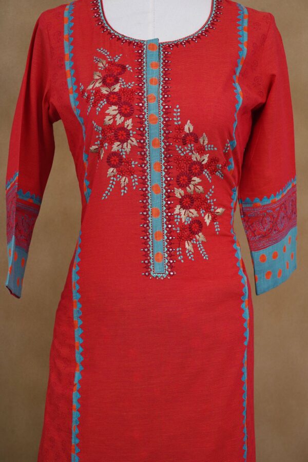 Red floral design top with turquoise blue bottom with red shawl kurti - Image 3