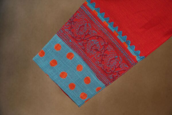 Red floral design top with turquoise blue bottom with red shawl kurti - Image 4