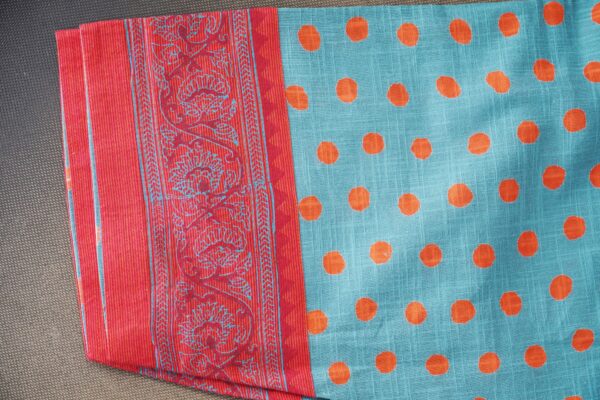 Red floral design top with turquoise blue bottom with red shawl kurti - Image 6