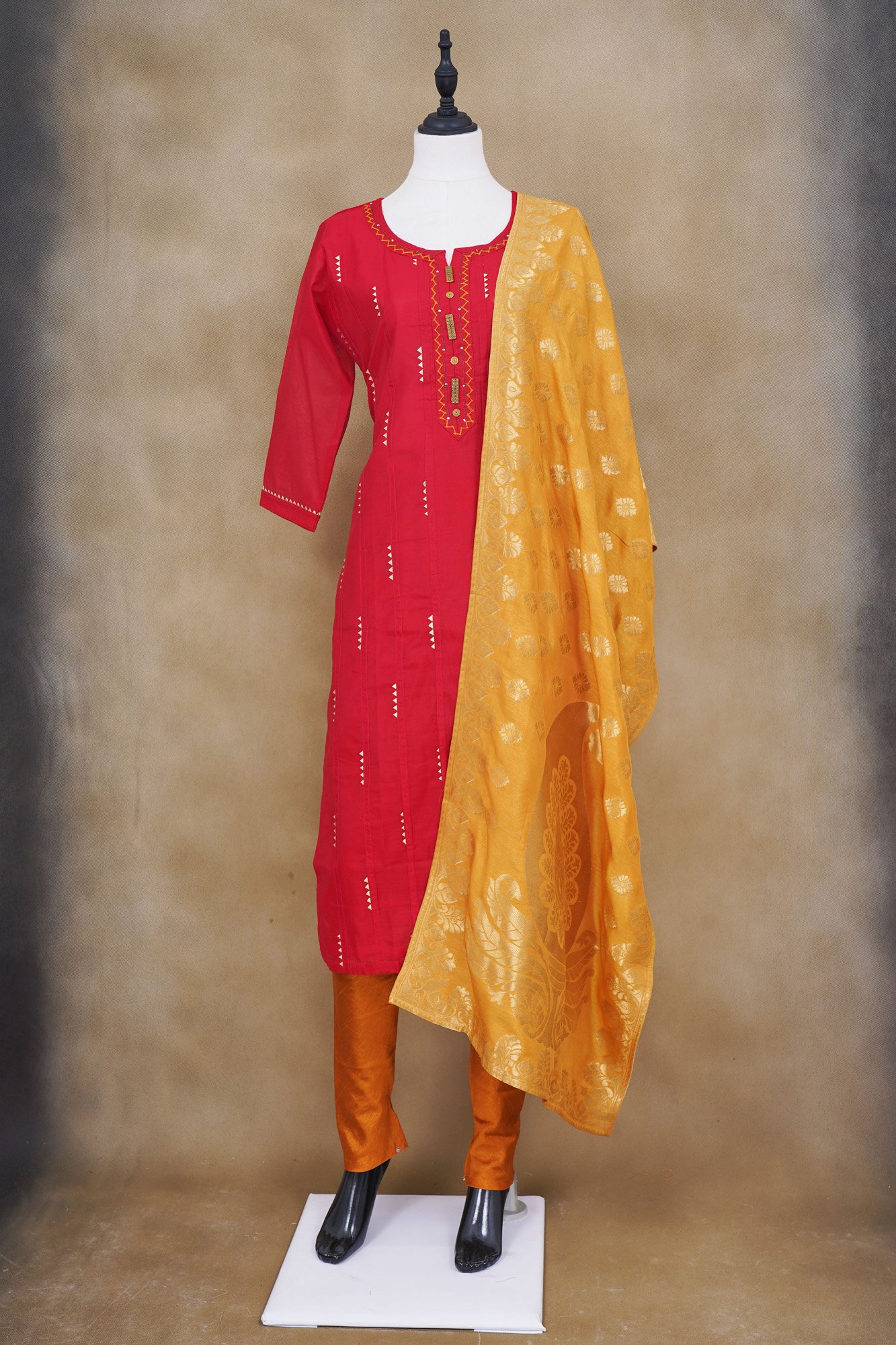 Red top with orange bottom and yellow shawl kurti