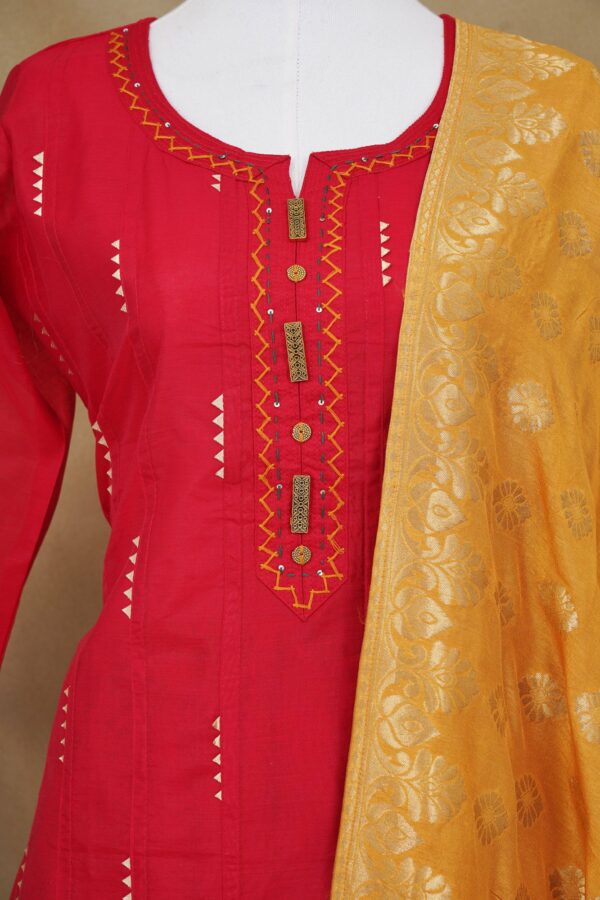 Red top with orange bottom and yellow shawl kurti - Image 2