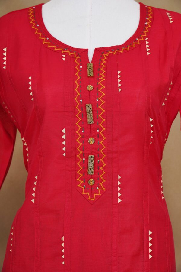 Red top with orange bottom and yellow shawl kurti - Image 3