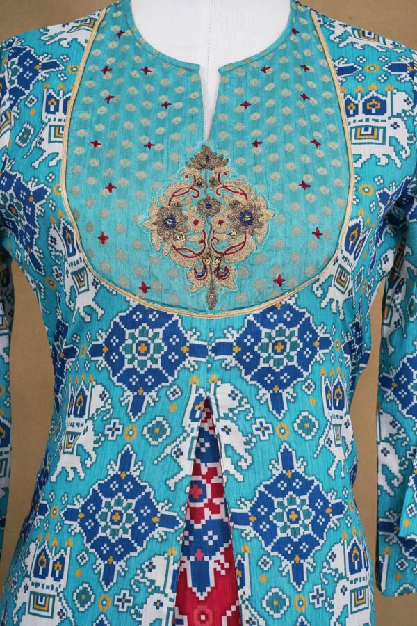 Sky blue and red design top with sky blue bottom and blue shawl kurti - Image 3