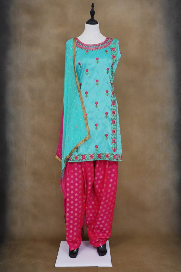 Sky blue floral design top with pink bottom and sky blue shawl kurti