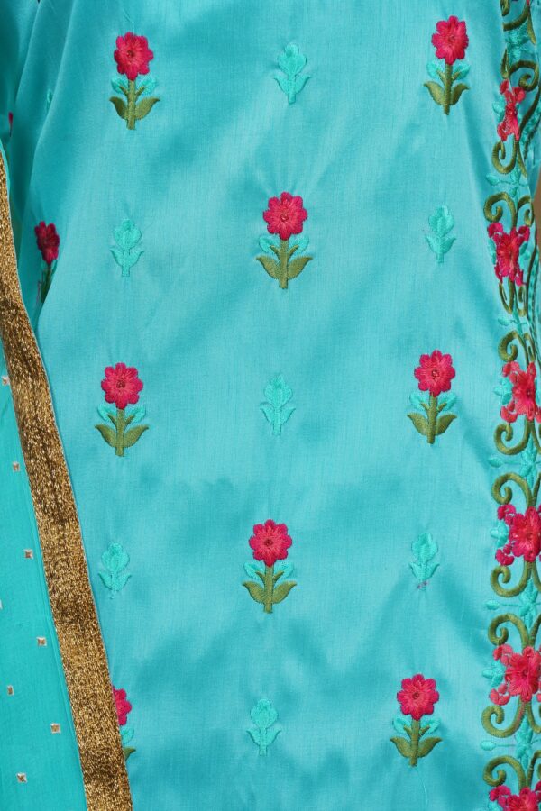 Sky blue floral design top with pink bottom and sky blue shawl kurti - Image 2