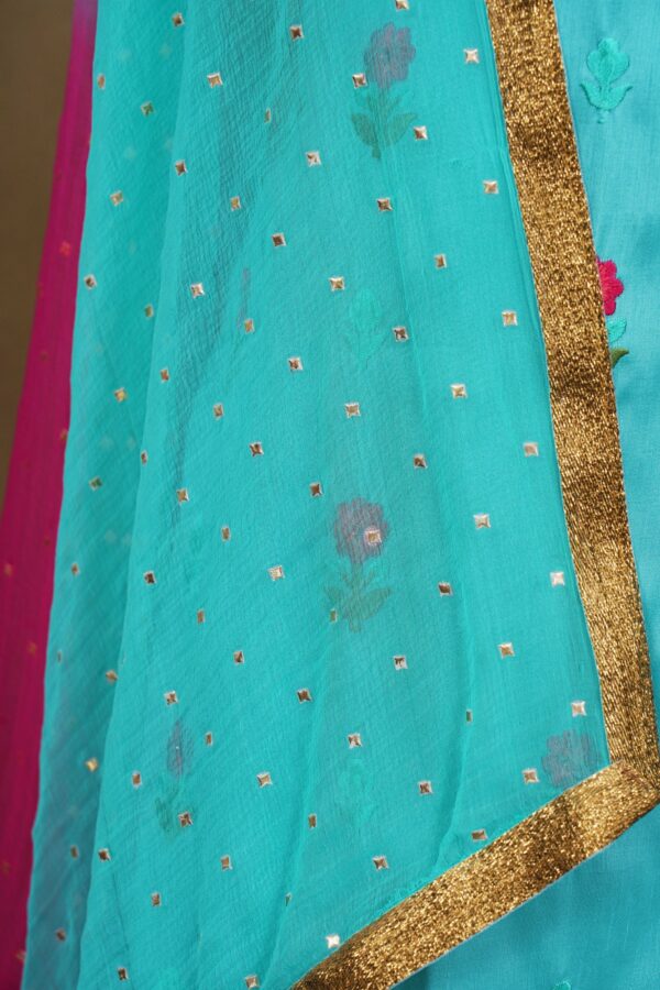 Sky blue floral design top with pink bottom and sky blue shawl kurti - Image 3