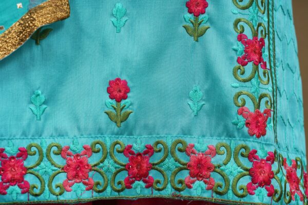 Sky blue floral design top with pink bottom and sky blue shawl kurti - Image 4