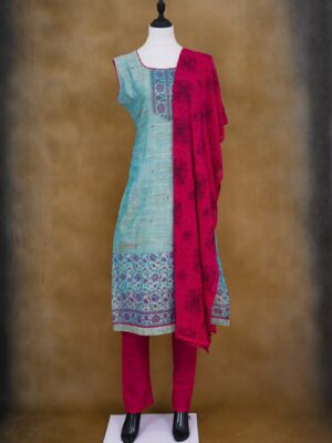 Blue floral top and red bottom and red shawl kurti