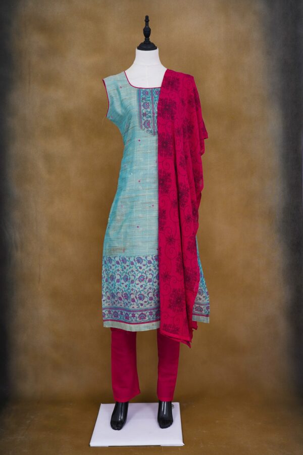 Blue floral top and red bottom and red shawl kurti