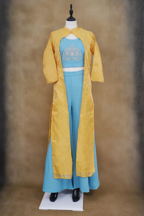 Sky blue floral top with sky blue bottom and yellow coat kurti
