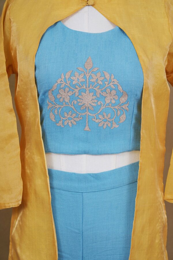 Sky blue floral top with sky blue bottom and yellow coat kurti - Image 2