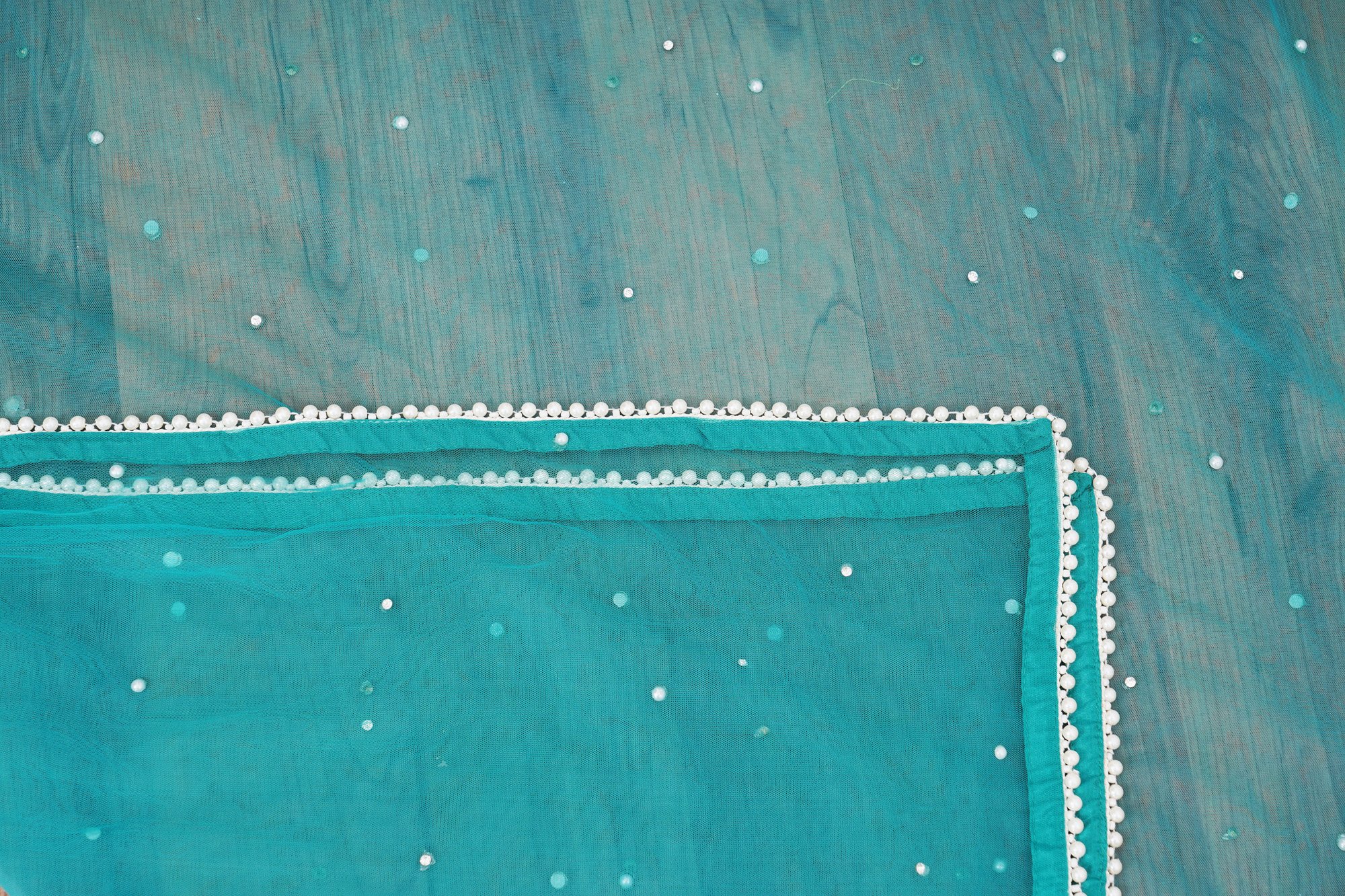 Turquoise blue design top with turquoise blue palazzo and netted shawl kurti - Image 2