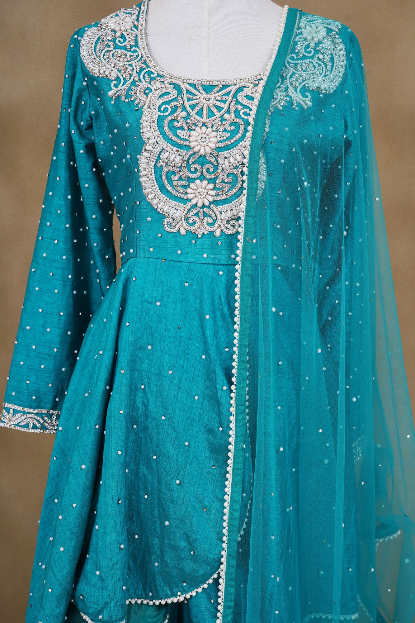 Turquoise blue design top with turquoise blue palazzo and netted shawl kurti - Image 3