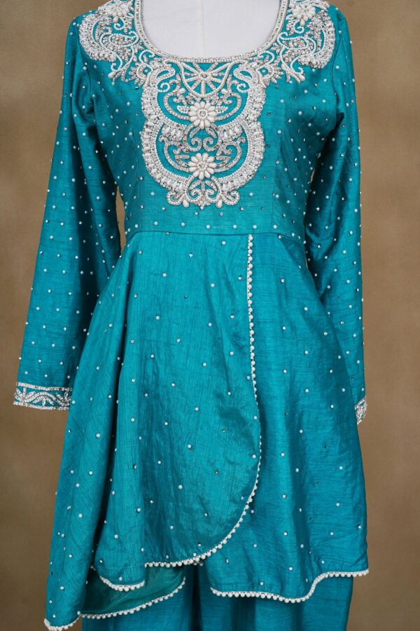 Turquoise blue design top with turquoise blue palazzo and netted shawl kurti - Image 4