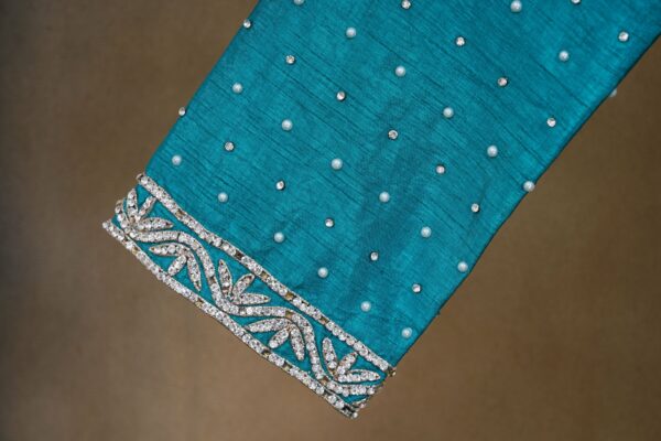 Turquoise blue design top with turquoise blue palazzo and netted shawl kurti - Image 5