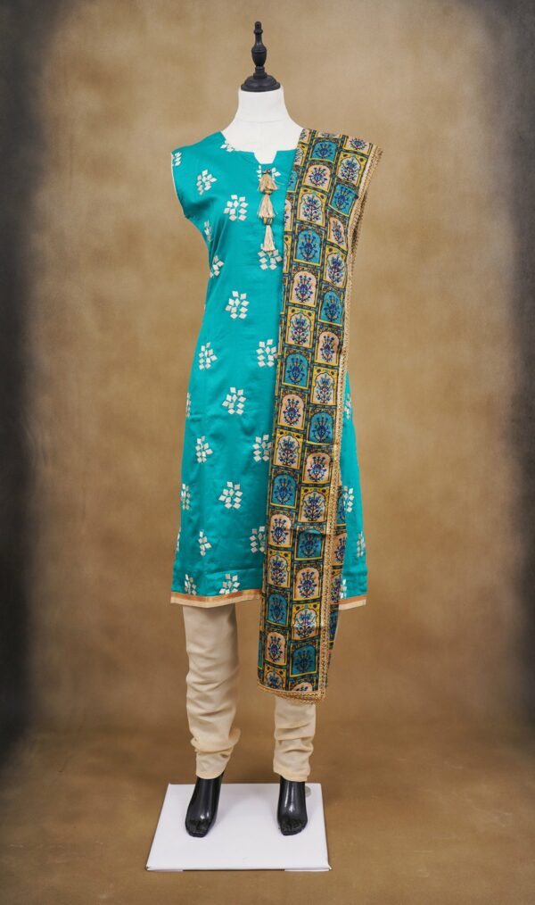 Turquoise blue floral design top with beige bottom and multi colour shawl kurti