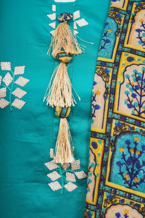 Turquoise blue floral design top with beige bottom and multi colour shawl kurti - Image 2