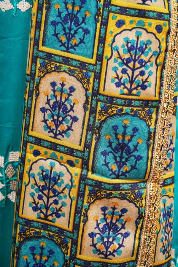Turquoise blue floral design top with beige bottom and multi colour shawl kurti - Image 3