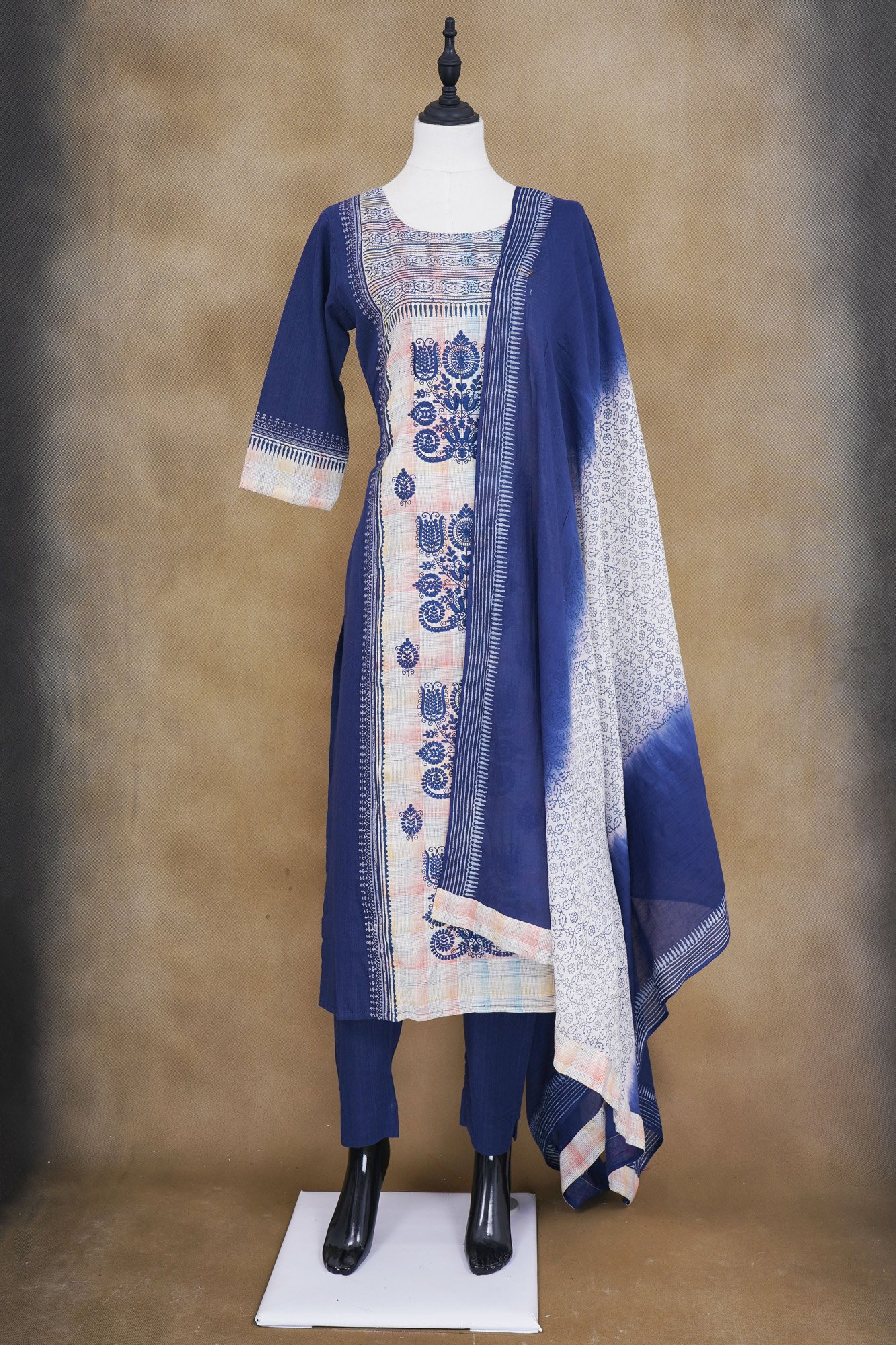 White and blue top with blue bottom with white and blue bottom shawl kurti