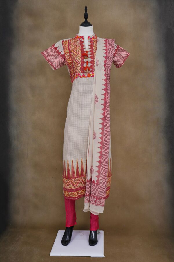 White checked with red design top and red bottom with white and red shawl kurti