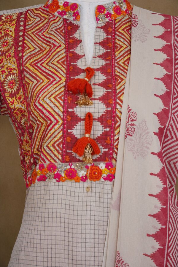White checked with red design top and red bottom with white and red shawl kurti - Image 2