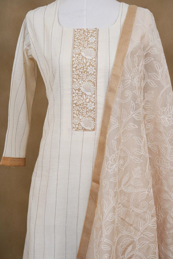 White stripe top with beige bottom and white floral shawl kurti - Image 2