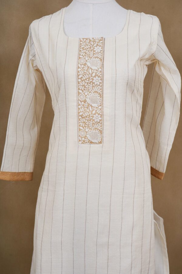 White stripe top with beige bottom and white floral shawl kurti - Image 3