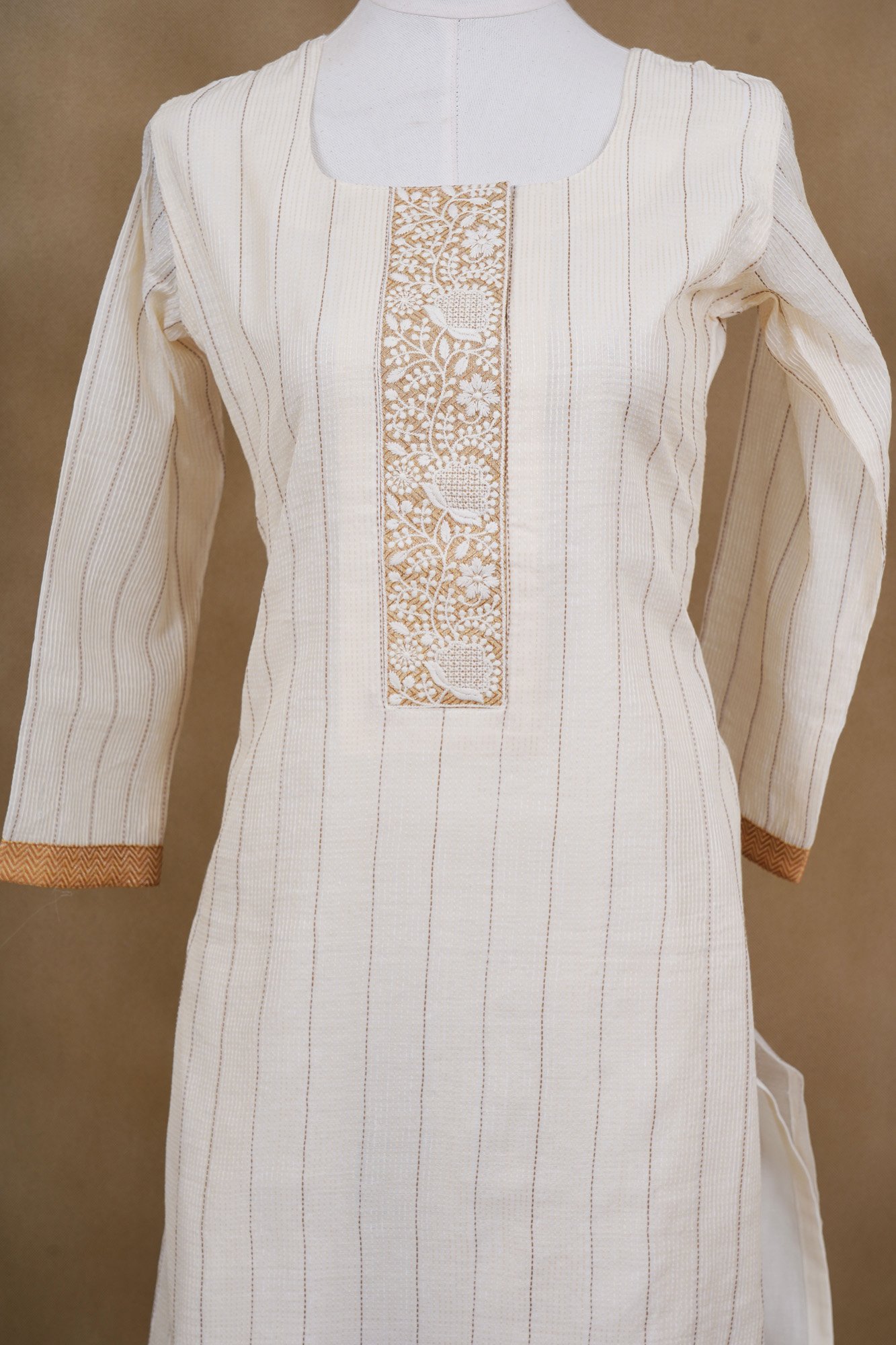 White stripe top with beige bottom and white floral shawl kurti - Image 3