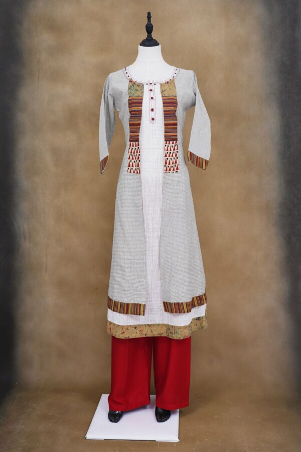 White top with grey coat and red palazzo bottom kurti