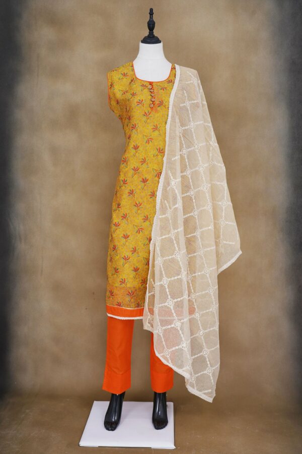Yellow floral design top with orange bottom and white shawl kurti