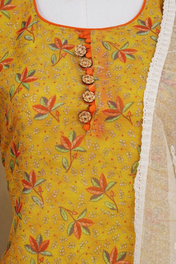Yellow floral design top with orange bottom and white shawl kurti - Image 2