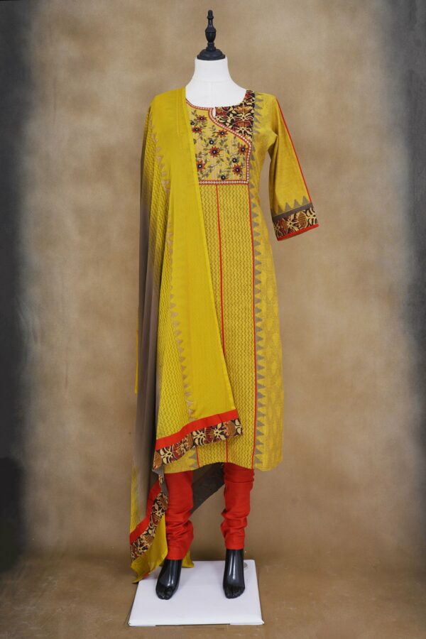 Yellow floral design top with red bottom and yellow shawl kurti
