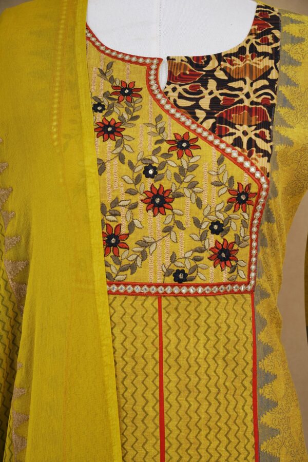 Yellow floral design top with red bottom and yellow shawl kurti - Image 2